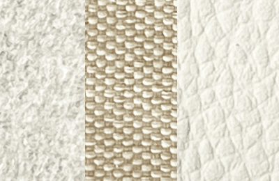 Kunstleder, Webstoff und Wollstoff in hellen Naturtönen.