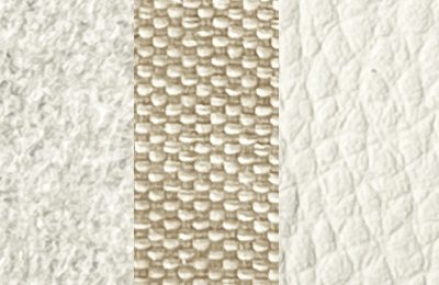 Kunstleder, Webstoff und Wollstoff in hellen Naturtönen.