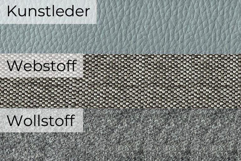 Drei Bezüge: Kunstleder, Webstoff und Wollstoff in unterschiedlichen Texturen und Farben.