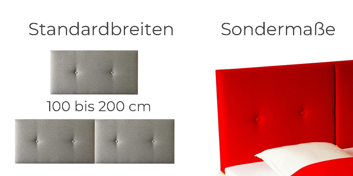 Bettkopfteile in Grau und Rot, mit verschiedenen Breiten und Optionen für Sondermaße.